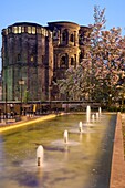 Porta Nigra, World Heritage Site, with fountain and blooming magnolia at night, Trier, Germany