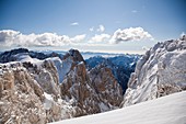 winter view of Pale di San Martino from the top of cima Fradusta, Trento, Italy, Europe