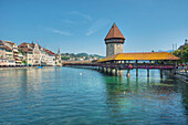 Reuss river with Chapel bridge and water tower, Lucerne, Lucerne, Switzerland, Europe