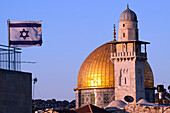 Sun Setting Over The Minaret Of A Mosque And The Dome Of The Rock, Esplanade Of The Mosques (Haram Al-Sharif), Temple Mount, Old City Of Jerusalem, Israel