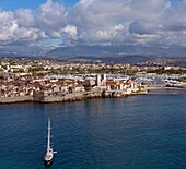 France, Alpes-Maritime (06), Antibes, seaside town and fortified town of Antibes, seen from the sea, with boats, (aerial photo)