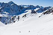 Two backcountry skiers on Gruene-Tatzen-Glacier under Hoher Seeblaskogl, Schrankogl on the left, Längentaler Weißkogl and Bachfallenkopf and Bachfallenferner below, Sellrain, Innsbruck, Tyrol, Austria
