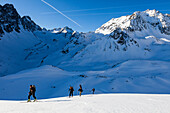 Backcountry skiers ascending to Schontalspitze, Stubai Alps, Tyrol, Austria