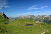 Rappensee alpine hut in front of Allgaeu range, Allgaeu range, Upper Allgaeu, Allgaeu, Swabia, Bavaria, Germany