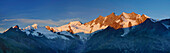 Panorama of Mischabel range with Mittaghorn, Allalinhorn, Alphubel, Täschhorn, Dom, Lenzspitze, Nadelhorn, Stecknadelhorn, Ulrichshorn and Gemshorn, Pennine Alps, Valais, Switzerland