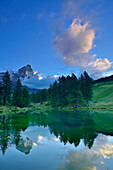 Matterhorn reflecting in a mountain lake, Cervinia, Breuil, Pennine Alps, Aosta valley, Italy