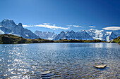 Mont Blanc range above a mountain lake, Mont Blanc range, Chamonix, Savoy, France