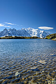 Mont Blanc range reflecting in a mountain lake, Mont Blanc range, Chamonix, Savoy, France
