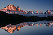 Mont Blanc range reflecting in a mountain lake, Mont blanc range, Chamonix, Savoy, France