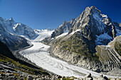 Blick auf Gletscher Mer de Glace, Mont blanc-Gruppe, Mont Blanc, Chamonix, Savoyen, Frankreich