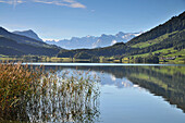 Reflection of mountain scenery on lake Aegerisee, Canton Zug, Switzerland, Europe
