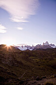 Sonnenuntergang über Fitz Roy und Cerro Torre, El Chalten, Patagonien, Argentinien