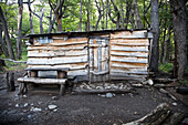 Wooden hut in Rio Blanco Base Camp, Fitz Roy, El Chalten, Patagonia, Argentina