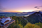 Lake Hopfensee, lake Forggensee and lake Weissensee with Ammergau range in the background, Falkenstein, Allgaeu range, Allgaeu, Swabia, Bavaria, Germany