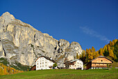 Farmhouse in front of Puez mountain range, Dolomites, UNESCO World Heritage Site Dolomites, South Tyrol, Italy