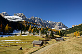 Path leading through Duron valley with Rosengarten range in the background, Duron valley, Fassa valley, Rosengarten range, Dolomites, UNESCO World Heritage Site Dolomites, South Tyrol, Italy