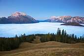 View over the fog in the valley onto Hochkalter and Reiteralpe, Berchtesgaden region, Berchtesgaden National Park, Upper Bavaria, Germany, Europe