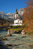 Ramsau church in the sunlight, view of Reiteralpe, Ramsau, Berchtesgaden region, Berchtesgaden National Park, Upper Bavaria, Germany, Europe