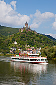 Excursion ship, Reichsburg near Cochem, Mosel river, Rhineland-Palatinate, Germany