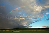 Regenbogen vor dunklen Gewitterwolken, Solling, Niedersachsen, Deutschland