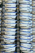 Typical breton crockery bowls with names, Old town, Dinan, Brittany, Cotes d´Armor, France