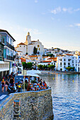 Spain, Europe, Catalonia, Girona Province, Costa Brava Coast, Cadaques, town, Dali, bay, beach, blue, boats, cadaques, church, coast, Costa Brava, landscape, Mediterranean, terrace, tourism, water, sea, white. Spain, Europe, Catalonia, Girona Province, Co