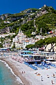 The swimming beach in the town of Amalfi on the Gulf of Salerno in southern Italy