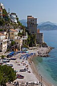 The beach and the Viceroy Tower in the fishing village of Cetara on the Amalfi Coast, Campania, Italy