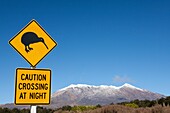 Kiwi signal and view of Mount Ruapehu, Tongariro National Park, North Island, New Zealand