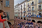 Capgrossos de Mataró ´Castellers´ building human tower, a Catalan tradition Fires i festes de Sant Narcis Plaça del Vi Girona Spain