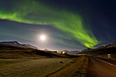 Moon light with Aurora borealis or Northern Lights, Northern Iceland