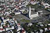 Aerial of Hallgrimskirkja church, Reykjavik, Iceland