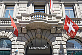 Bank Credit Suisse, Paradeplatz, UBS, Credit Suisse, Swiss flags,1 August, national holyday, Zurich,  Switzerland