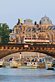 Augustus bridge and the academy of arts, Ships on the river Elbe, Dresden, Saxony, Germany