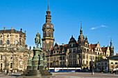 Theatre square with cathedral, Dresden castle, Residenzschloss and Koenig Johann memorial, Dresden, Saxony, Germany