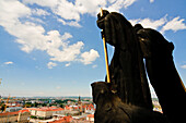 View from town hall tower, New guildhall, sculptures, Dresden, Germany