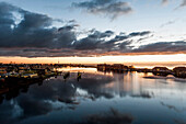 View to the city of Wilhelmshaven and sunrise over the Jadebusen, Wilhelmshaven, Niedersachsen, North Sea, Germany