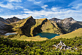 View on lakes Lache and Traualpsee, Rote Spitze, Geierkoepfle, Rauhhorn, Gaishorn, Tannheim Valley, Alps, Austria, Europe