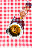 Cheese dumpling soup with beer on a checkered tablecloth, brake, refreshment, cottage, terrace, Johannis Hut, Praegraten, Virgen Valley, Tirol, Austria