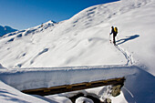 Ski tourer ascending to the Rastkogel, Nurpens Valley, Tux Alps, Tyrol, Austria