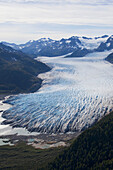 Aerial over Bainbridge glacier and Chugach Mountains, Prince William Sound, Southcentral Alaska, Summer