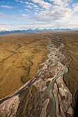 Aerial view of the Okpilak River in the coastal plain of the Arctic National Wildlife Refuge, Arctic Alaska, Summer