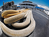 Large and thick cables on a deck of passenger ferry, daytime, sunny blue skies, Port Angeles, Washington, USA