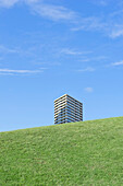 A tall modern office building, rising above a grass ridge.