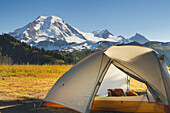 Backcountry campsite on Skyline Divide overlooking the landscape of  Mount Baker Wilderness, in the North Cascades region of  Washington State