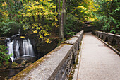Stone bridge over Whatcom Creek in the forests of Bellingham, Washington