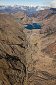 Aerial view of mountains and valleys, Moke Lake near Queenstown, Otago, South Island, New Zealand