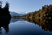 Perfect mountain reflections at Lake Matheson, Southern Alps with Mount Tasman and Mount Cook, Aoraki, South Island, New Zealand