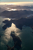 Aerial view of bays and islands, Marlborough Sounds, South Island, New Zealand