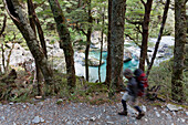 Hiker on the Routeburn Track with clear mountain water, Great Walk, Mount Aspiring National Park, Fiordland National Park, South Island, New Zealand